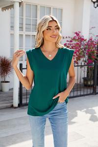 Débardeur ample à col en V sans manches pour femmes printemps été nouveau design compressé de couleur unie - Product Image 3