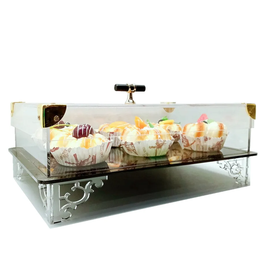 Modern Design Clear Lid Brown Base Table Top Acrylic Cake Box Classical Handle Acrylic Tray Acrylic Pastry Case