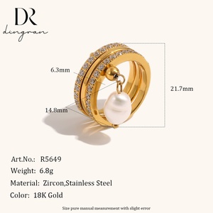 Cincin Wanita Dingran Ins Fashion Serbaguna Trendy Niche Sense Berlapis Baja Tahan Karat dengan Mutiara Berlapis Emas 18K dan Rumbai Berhiaskan Rhinestone. - Product Image 2