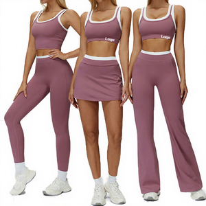 Women Mauve 3 Piece Yoga Set Square Neck Crop Top <b>Leggings</b> <b>Skirt</b> Flare Pants Contrast Binding Workout Outfit - Product Image 1