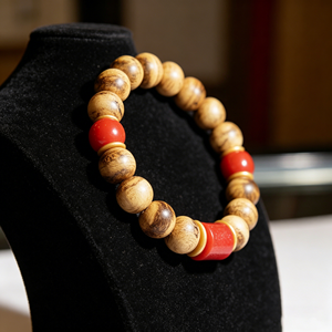 Bracelet perlé vintage en bois d'agar naturel avec serti clos et motif papillon en cinabre, style bouddhiste, unisexe, cadeau contre le mal et les forces négatives - Product Image 5