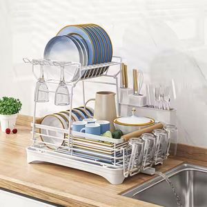 2-Tier <b>Kitchen</b> Sink Dish Rack Drainer Unique <b>Storage</b> Shelf Dish Drying Rack Container Utensil Double Tiers Dish Rack for <b>Kitchen</b> - Product Image 6