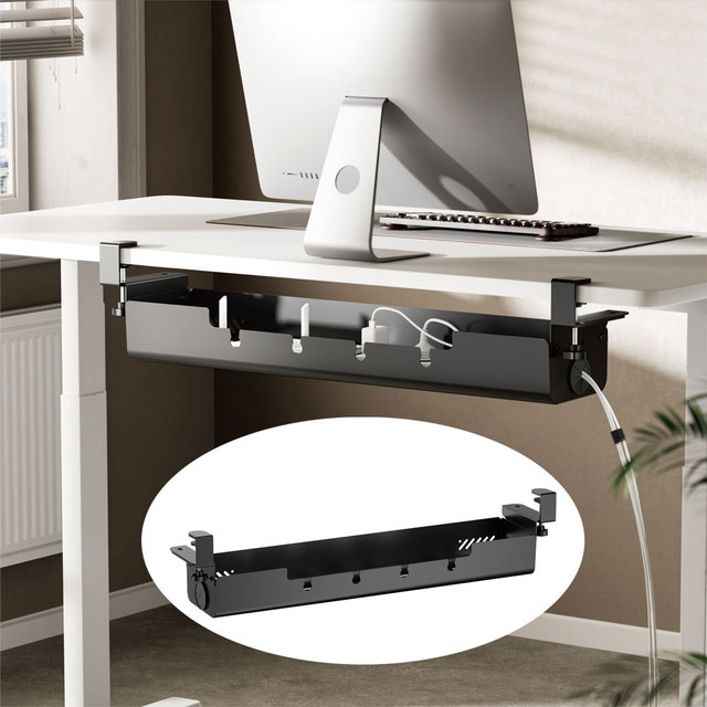 Under Desk Cable Management Tray Black Clamp-On Steel No Drill Adjustable Cable Organizer Box Hider Holder for Standing Desk