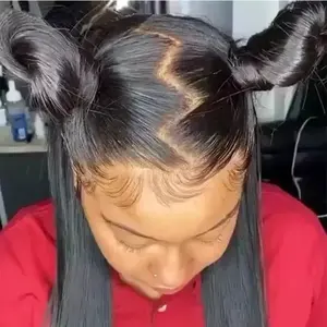 Peluca Frontal de encaje 360 para mujeres negras, cabello humano brasileño virgen liso de Color Natural, transparente