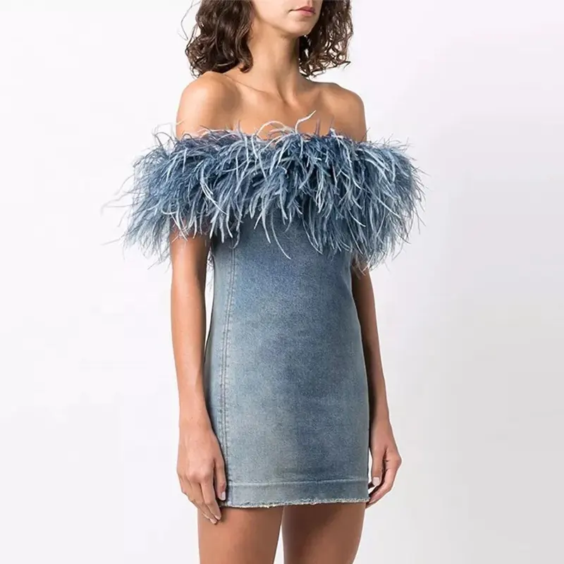 Trending production 2023 women summer party club off shoulder sleeveless short mini bodycon fur ostrich feather jean denim dress