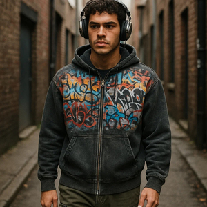 Sudadera con capucha y cremallera completa para hombre, estilo lavado de gran tamaño con impresión digital gráfica personalizada, sudadera con cremallera Vintage OEM - Product Image 2