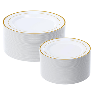 Assiettes rondes en plastique blanc robustes avec bord personnalisé, kits de fournitures jetables pour fêtes, mariages et dîners - Product Image 1