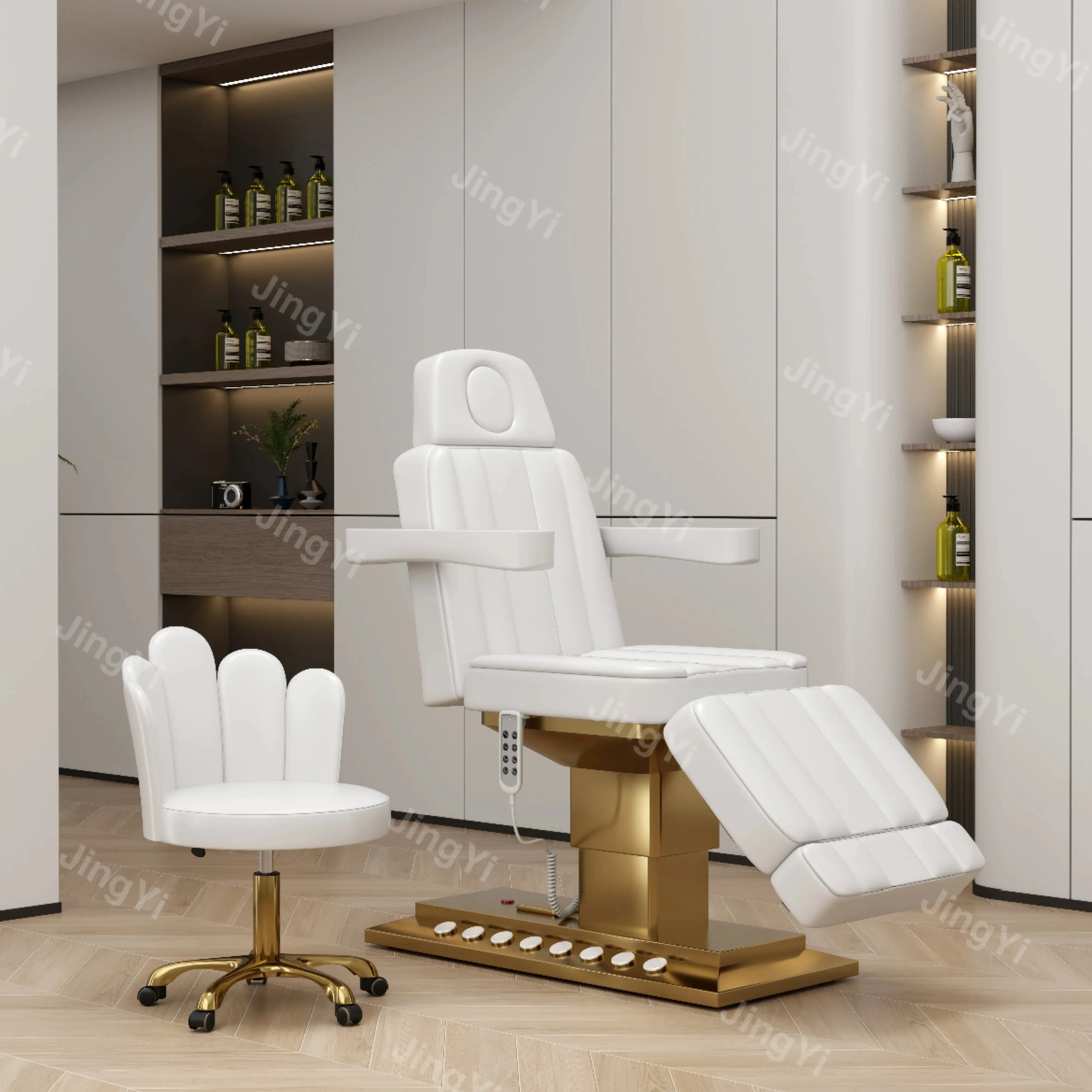 Novo estilo salão mobiliário personalizado cor correspondente aço inoxidável banhado a ouro elétrico controle do pé massagem mesa beleza cama