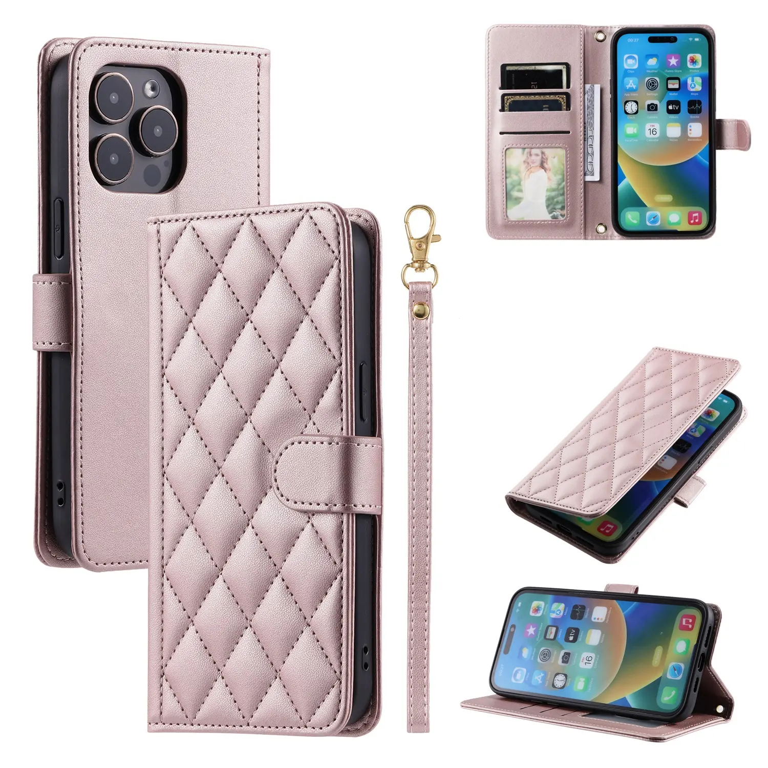 Tas ponsel kulit domba mewah, dompet kulit dudukan ponsel untuk IPhone 15 14 13 Pro Max tali berlian