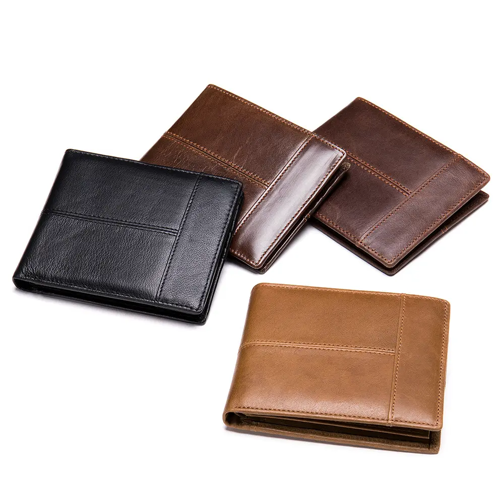 Leather RFID Blocking Wallet with 2 ID Windows, Soft Genuine Leather Card Holder Wallet with 2 Cash Compartments for Men