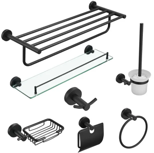 Desain Modern Dekorasi Stainless Steel Hitam Dinding Rak Handuk Toilet Pemegang Aksesori Kamar Mandi Set Organizer