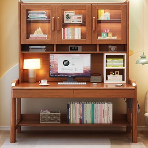 โต๊ะคอมพิวเตอร์ไม้เนื้อแข็งพร้อมชั้นวางหนังสือ 80x60x190 ซม. สำหรับโฮมออฟฟิศห้องอ่านหนังสือโต๊ะเขียนหนังสือ - Product Image 2