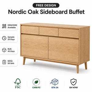 Credenza Nordica di Alta Qualità Personalizzata, <span class=keywords><strong>Mobile</strong></span> Buffet in Rovere Chiaro con 3 Cassetti, Fornitore OEM di Mobili per Soggiorno - Product Image 1