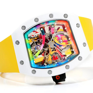 Montre de luxe à tourbillon squelette en forme de baril, couleur arc-en-ciel, boîtier blanc, bracelet en fluororubber jaune, montre-bracelet tendance, meilleure vente - Product Image 2