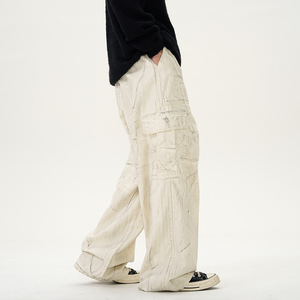 Amerikan Retro moda yıkama beyaz kargo pantolon özel erkekler cep tasarım yapılan kirli düz kot erkekler yüksek sokak Baggy kot - Product Image 3