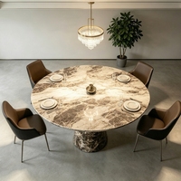 Table à manger de luxe de style rétro, plateau circulaire, base conique, en marbre brun Emperador, adaptée aux restaurants de haute cuisine