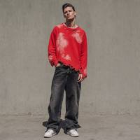 Sweat-shirt à col ras du cou zippé pour homme, délavé dégradé personnalisé, style streetwear rétro vieilli, col côtelé, en coton, vente en gros
