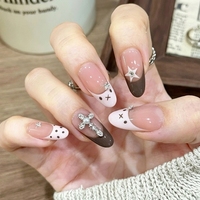Faux ongles à presser 3D motif étoile croisée et pois, marron rose, forme amande, mignons, pour le quotidien, les rendez-vous et les fêtes