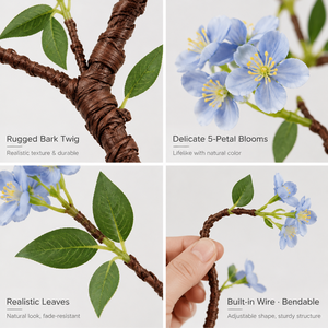 Branche artificielle de cerisier sauvage bleu clair, branche flexible à écorce rugueuse avec petites fleurs, décoration florale style ferme - Product Image 5