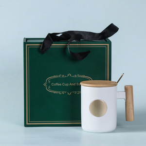 Ceramic Mug With Wooden Handle And Lid Three Piece Set Nordic Style Coffee Milk Cup With Spoon Solid Color Gift Packaging - Product Image 1