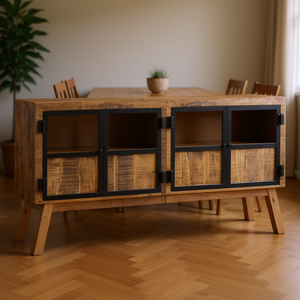 Buffet en bois de manguier massif 63x11.8x31.5 pouces, design rustique marron avec poignées métalliques pour mobilier de salle à manger - Product Image 2