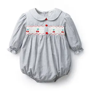 Baby Girl Smocking Bubbles Sister Matching Clothes Children Long Sleeve Plaid Dress with Hand Made Smocked Cherry