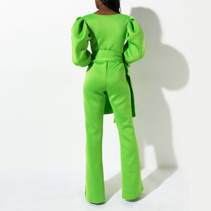 Di modo al neon verde delle donne del manicotto di soffio di un pezzo della <span class=keywords><strong>tuta</strong></span> <span class=keywords><strong>con</strong></span> pantaloni lunghi - Product Image 2