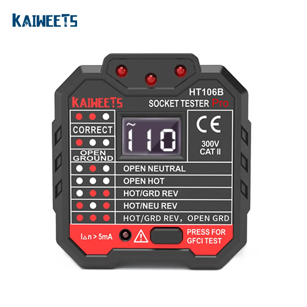 Kaiweets HT106B Outlet Tester Socket Plug Tester US Plug for Measurement Voltlage Tester GFCI Test 5mA