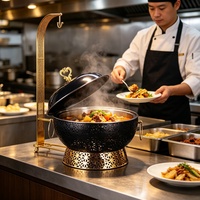 Chauffe-Plat à Gaz en Acier Inoxydable 8L avec Support de Couvercle Suspendu Doré et Motif Découpé pour Buffet, Hôtels, Mariages et Traiteurs