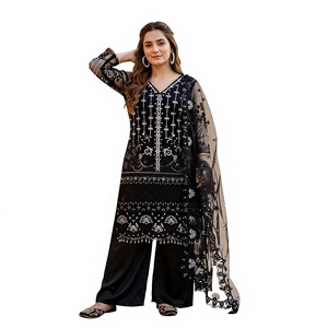 Ensemble Salwar Kameez Noir Jais Tendance Style Pakistanais, Luxe, en Georgette Lourde Brodé, Kurti Droit et Palazzo, Tenue de Soirée Indienne - Product Image 1