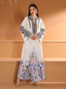 Khiêm tốn Muslim Trắng Maxi Dress đầy màu sắc thêu hoa in váy đa năng phong cách - Product Image 5