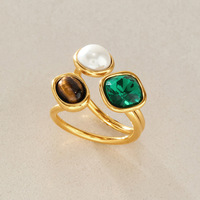 Manqiu Stainless Steel Ring Niche Sophisticated Design Tiger's Eye Zircon Mother-of-Pearl Natural Stones 18K Gold PVD Ring