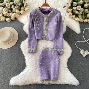 Ensemble deux pièces élégant pour <span class=keywords><strong>femme</strong></span>, veste à col rond ornée <span class=keywords><strong>de</strong></span> perles lourdes, jupe à sequins ajustée, <span class=keywords><strong>tenue</strong></span> <span class=keywords><strong>de</strong></span> soirée jeune et élégante - Product Image 2