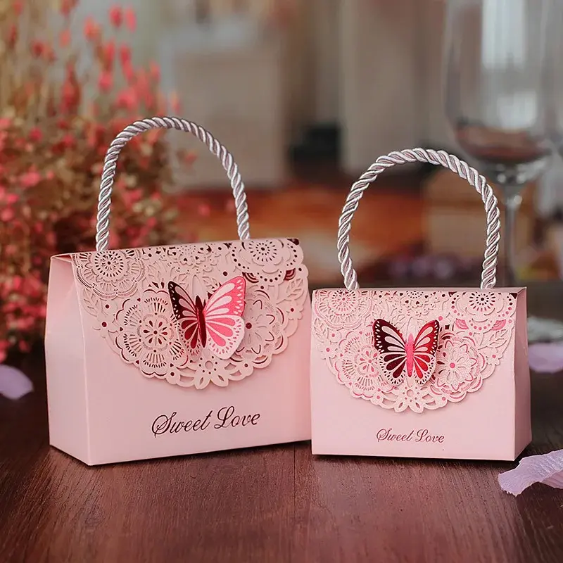 Caixa de doces de mão com laço de mão para casamento, caixa de presente de retorno para companheiro de casamento, série criativa floresta laser oca