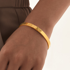 26 Letter Initial Gold PVD Stainless Steel Open Cuff <b>Bangle</b> Bracelet Personalized Alphabet <b>Engraved</b>, Waterproof & Hypoallergenic - Product Image 3