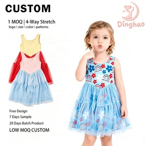 Robe active rétro DH ODM pour filles, motif fleurs arc-en-ciel, justaucorps bleu ciel, jupe en maille à volants, tenues Pop Art pour tout-petits - Product Image 1