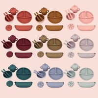 Juego de utensilios de silicona sin BPA para niños, platos con ventosa, cuenco, babero, vajilla de silicona de grado alimenticio para bebés, proveedor de fábrica