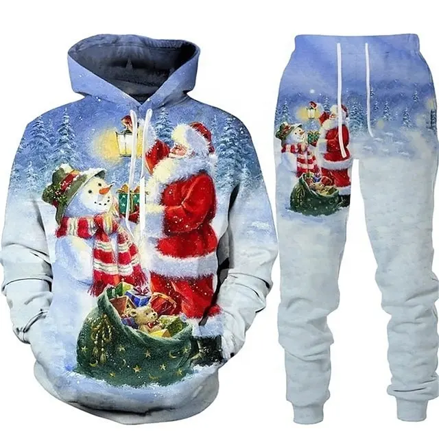 Wholesale Men's Tracksuit Set Christmas Outdoor Sports Hooded Activewear Set 2 Pieces Santa Claus Snowman Casual Hoodies Set