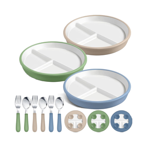 Juego de alimentación de platos grandes de porcelana para niños pequeños de 8 ", manga de silicona antideslizante, 3 cucharas, tenedores, juego de comedor dividido para niños - Product Image 1