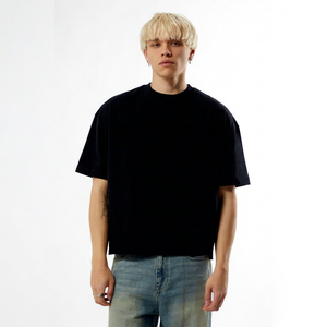 Regular Fit <b>Black</b> 100% Cotton Knitted <b>Turtleneck</b> Short Sleeve Breathable Boxy T-Shirt Front Logo Puff Printing Hip Hop <b>Men's</b> - Product Image 1