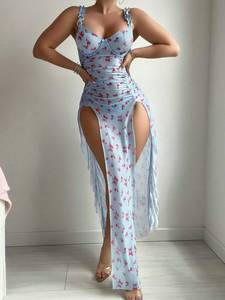 New Sexy Printed Backless Split Nightgown Mesh See Through Sexy <b>Suspender</b> Dress With Thong for Women - Product Image 6