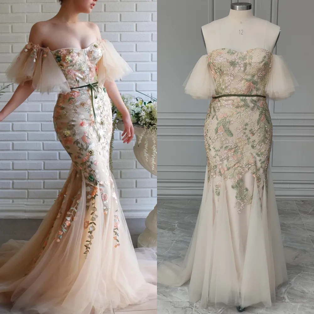 15205# Real Photos Off Shoulder Flowers Sweep Train Tulle Mermaid Wedding Gown Birthday Party Dress For Women Prom Evening Dress