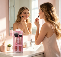 Lot de 2 pinceaux de maquillage pour le visage et les joues Sweet Rose, étui transparent, kit professionnel de pinceaux pour fond de teint, poudre et blush pour femmes