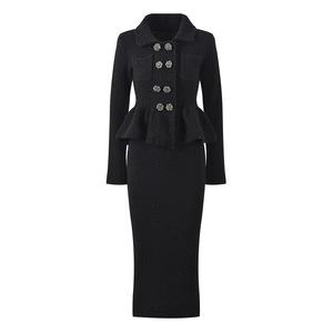 <span class=keywords><strong>Elegante</strong></span> stile francese da donna in tinta unita con collo <span class=keywords><strong>a</strong></span> girocollo <span class=keywords><strong>a</strong></span> maniche lunghe doppiopetto in vita aderente <span class=keywords><strong>abito</strong></span> Midi da donna - Product Image 1