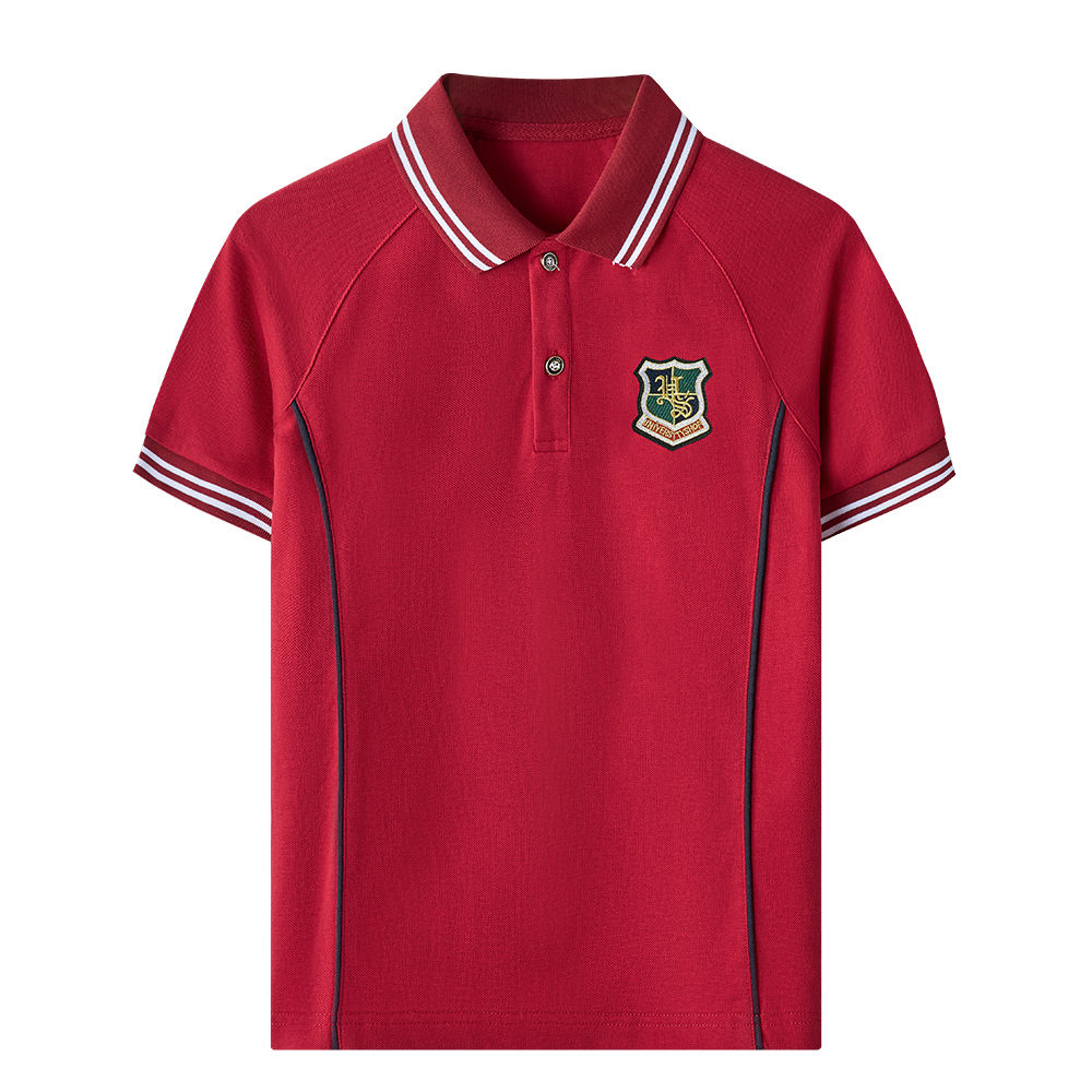 Latest Color-Blocked Polo Shirt in Short Sleeve Red White Navy Blue Color  for School Students in Summer Autumn
