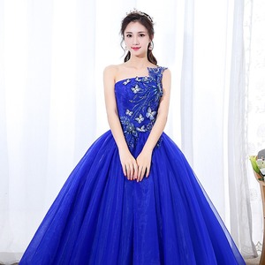 One Shoulder Blue Evening Gown Ball Gown Empire Waistline Wedding Dress For Women - Product Image 2