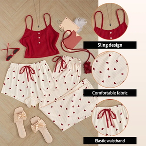Three Piece Printed Vest Shorts and Bow Drawstring Pants Casual Women's Cute Heart-Shaped Print Paired with Home Pajamas Set - Product Image 6