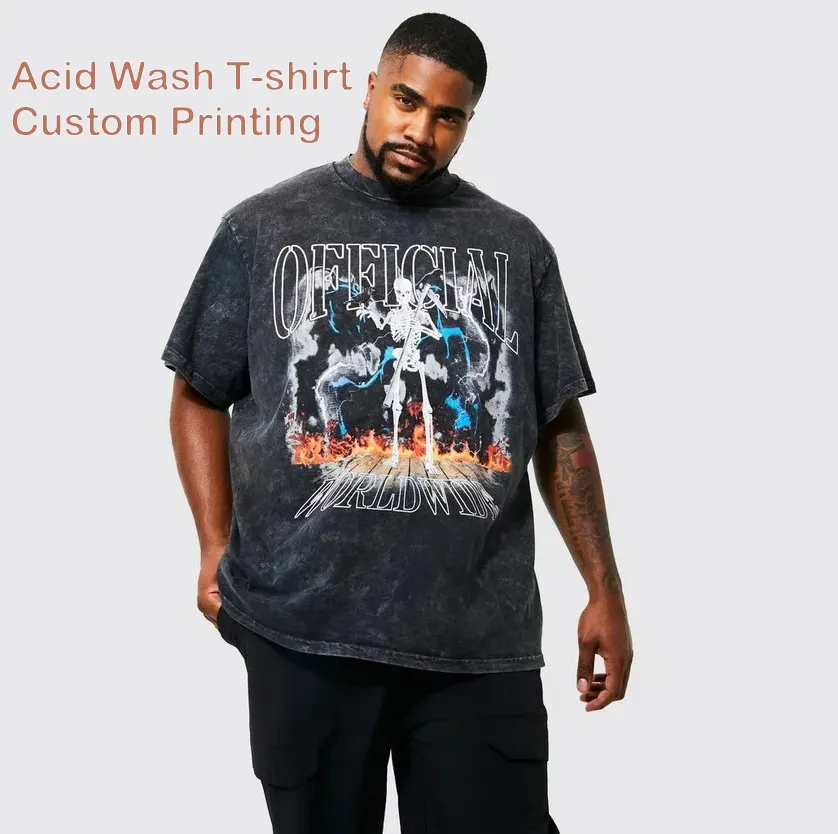 Custom Digital DTG Printing Grey Drop Sleeve Women Men Heavy Weight Acid Wash Vintage Cotton Plus Size Tees T Shirt For Men