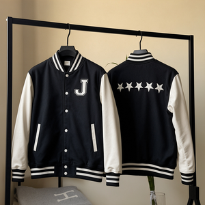 Blouson universitaire de baseball pour homme, noir et blanc, manches contrastées, broderie J, dos à cinq étoiles, style décontracté universitaire streetwear, nouvelle collection 2025 - Product Image 2