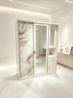 Armoire élégante en acier imprimé feuille de Ginkgo avec miroir et penderie, armoire métallique moderne à 2 portes coulissantes pour chambre à coucher